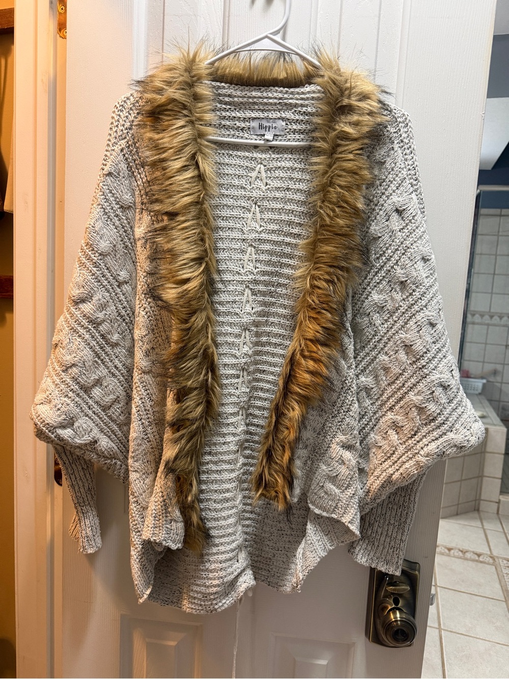Hippie Rose Cream Cable Knit Open Cardi with Faux Fur Trim